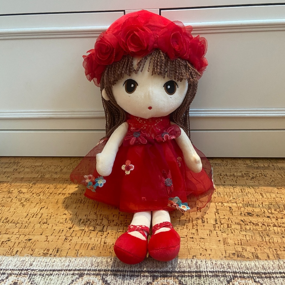 Whimsical Red Rose Embellished Plush Doll 12 Inch